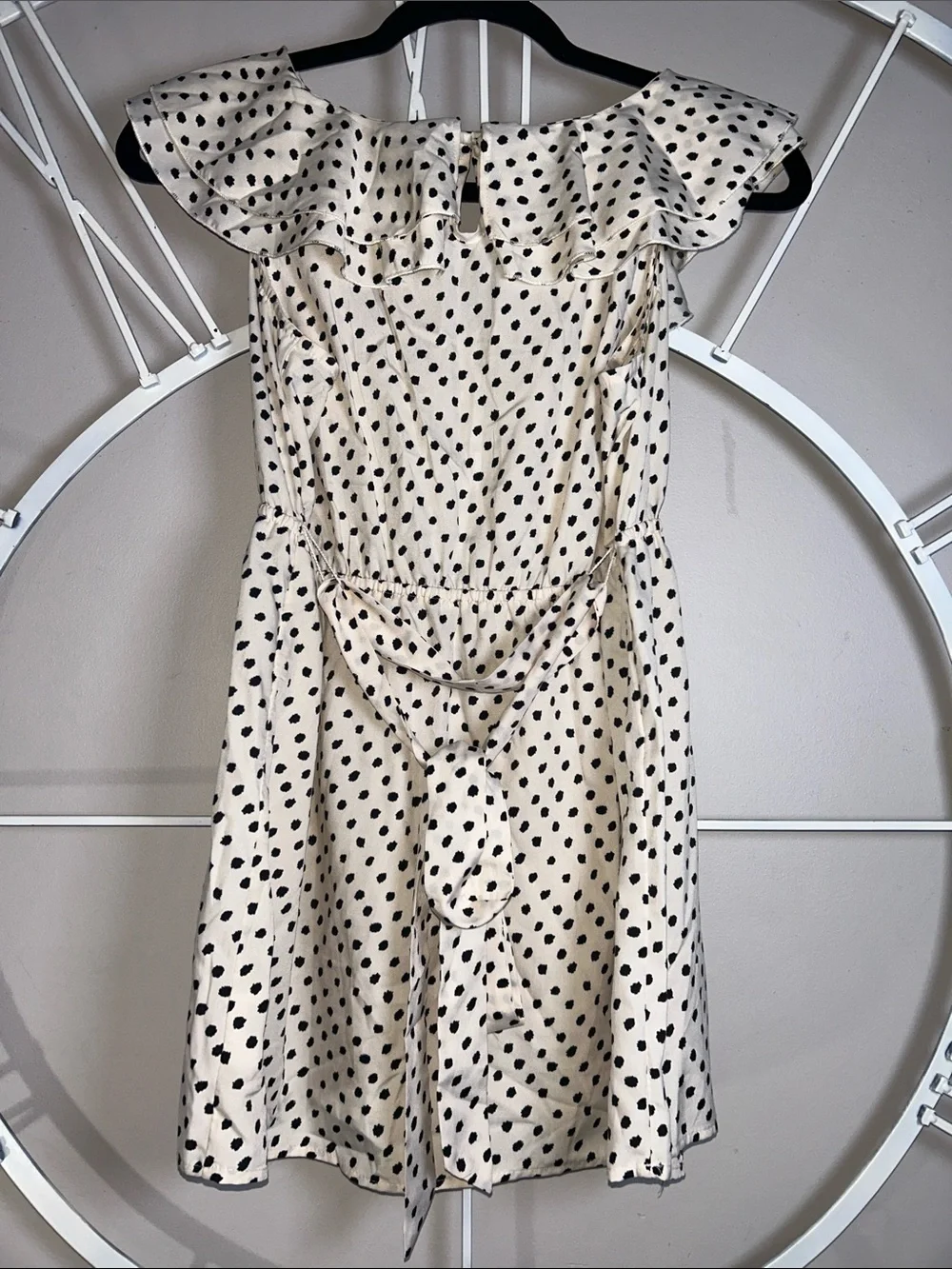 Motherhood Maternity Cream Dress with Black Polka Dots and Ruffle V-Neck - Picture 5 of 9